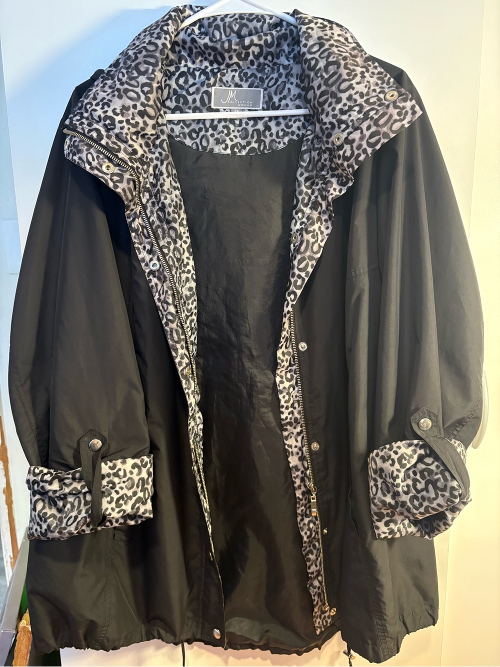 JM Collection Black Trench Coat with Leopard-Print Trim